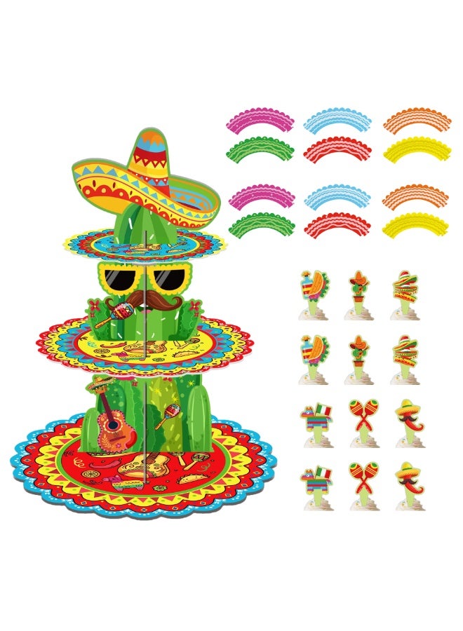 ILovhaprty 25pcs Mexican Fiesta Cake Decoration Set – 3-Tier Cinco de Mayo Cake Stand with Cupcake Wrappers and Cake Toppers, Cinco de Mayo Party Supplies for Mexican Fiesta Dessert Table Decorations - Image 1